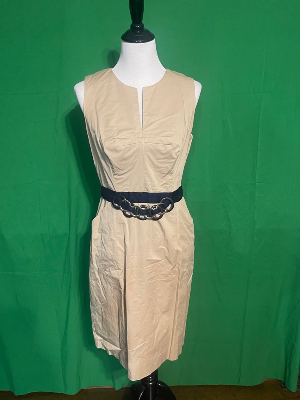 Milly Classic Sleeveless Beige Sheath Dress with Decorative Belt, size 8